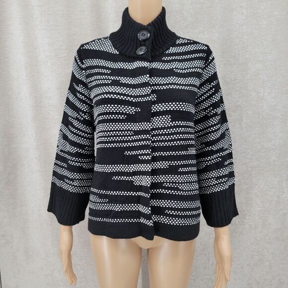 Chico's Cardigan Black White Knit Mock Neckline Topper Jacket Wool Blend - Picture 1 of 14